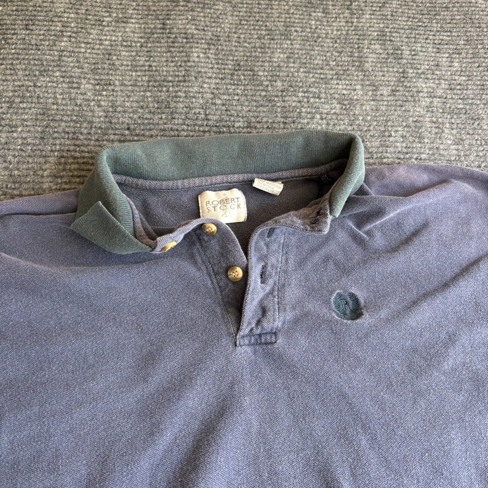 Robert Stock Mens Vintage Blue Cotton Pique Polo Shirt Large Green Collar 2839 - Picture 2 of 8